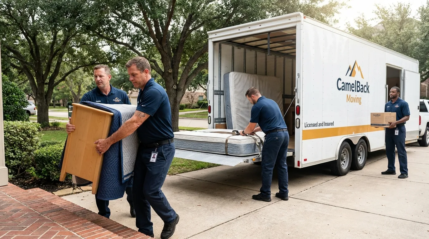 Crew loading residential truck for cross-state move from Yorktown, TX
