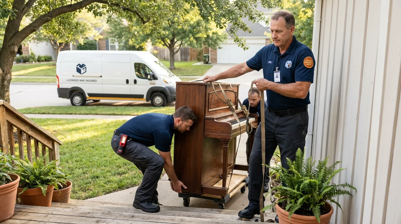 Licensed piano movers securing grand piano in Yorktown, TX