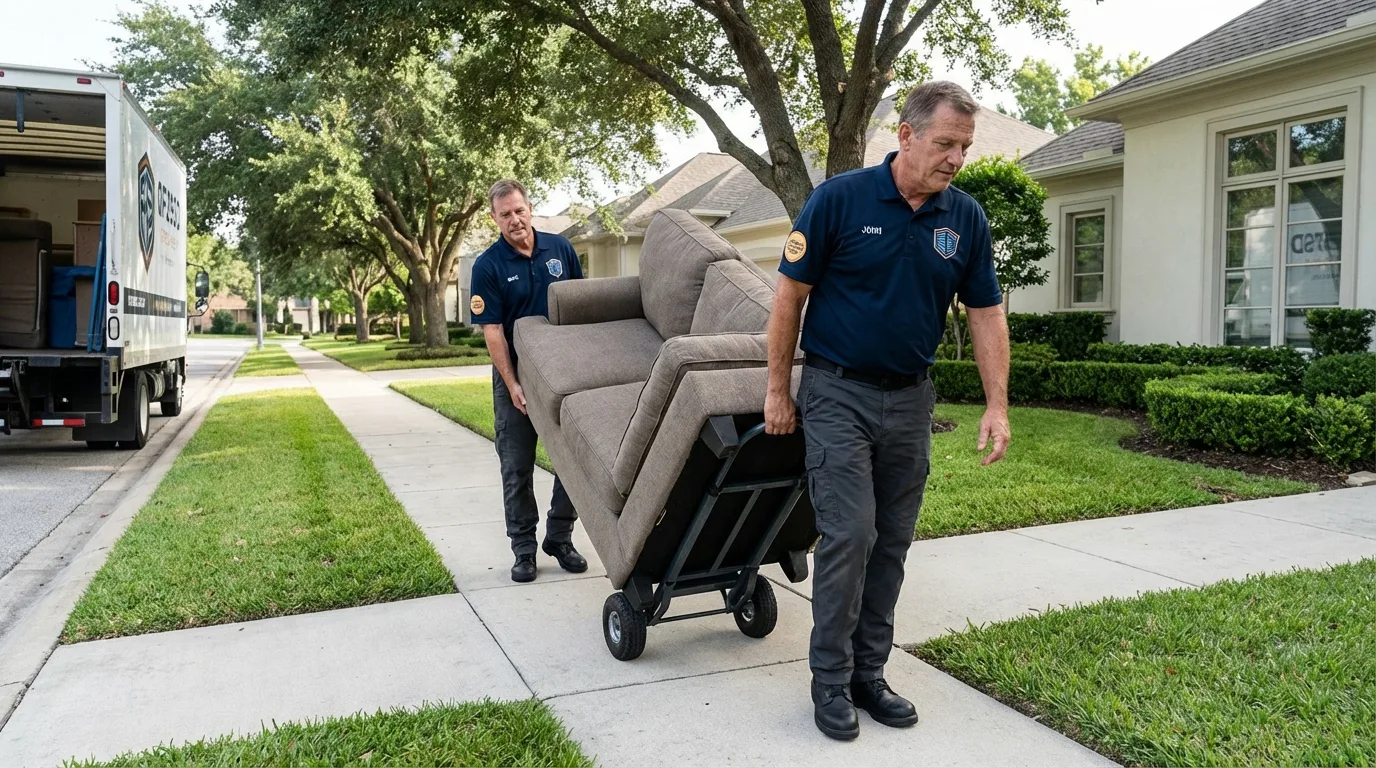 Local residential moving crew loading furniture in Yorktown, TX