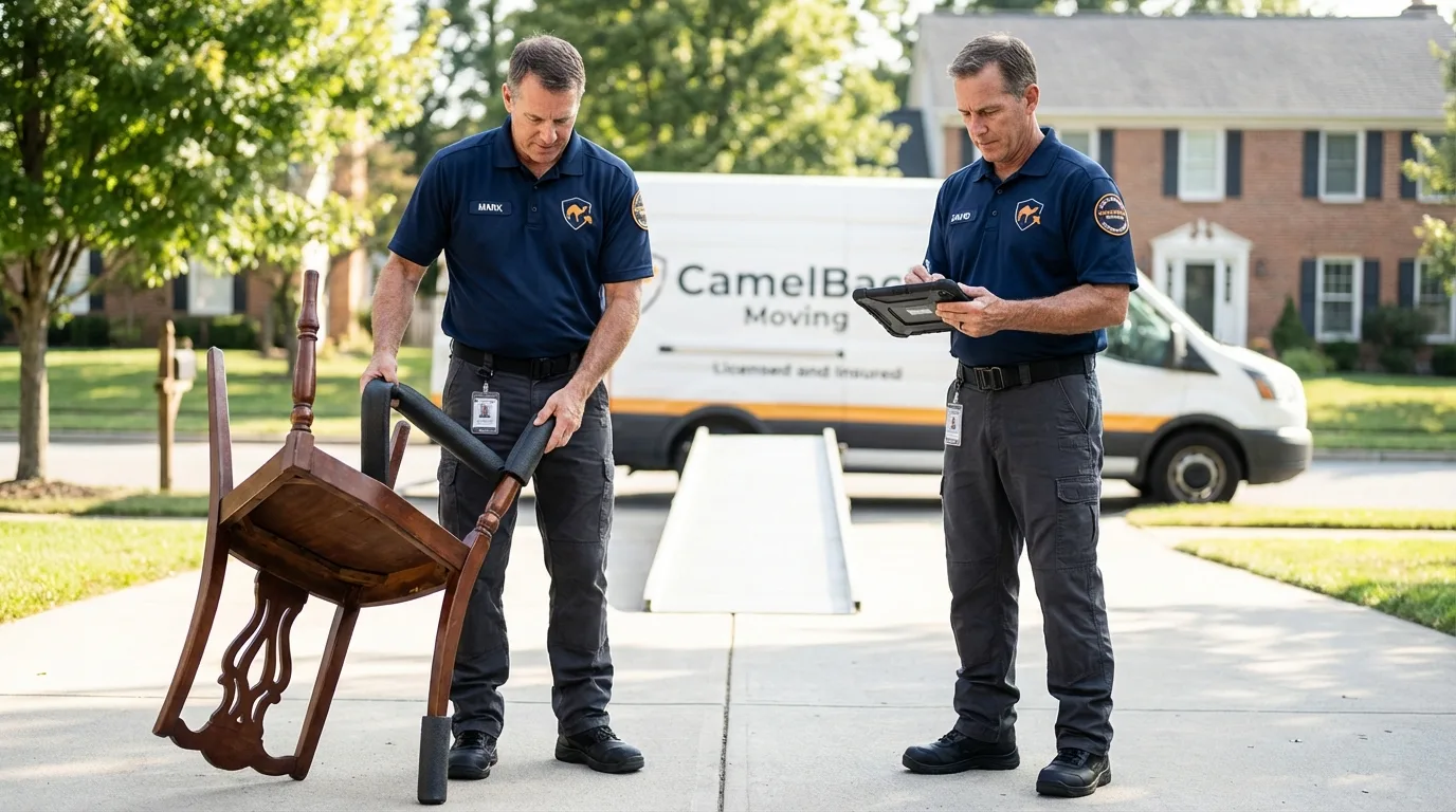 Movers inspecting furniture for damage prevention before loading in Yorktown, TX