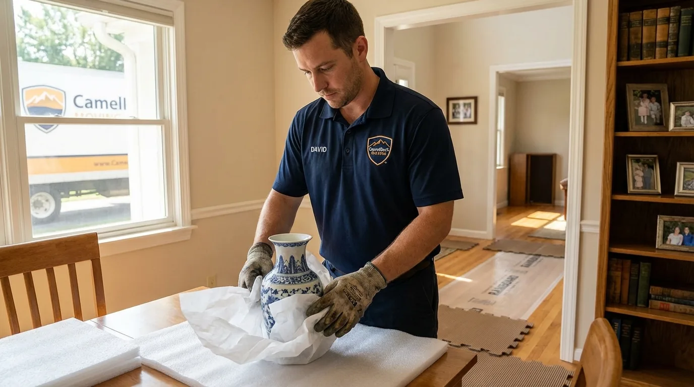 Professional crew carefully wrapping antique vase for senior downsizing move in Yorktown, TX
